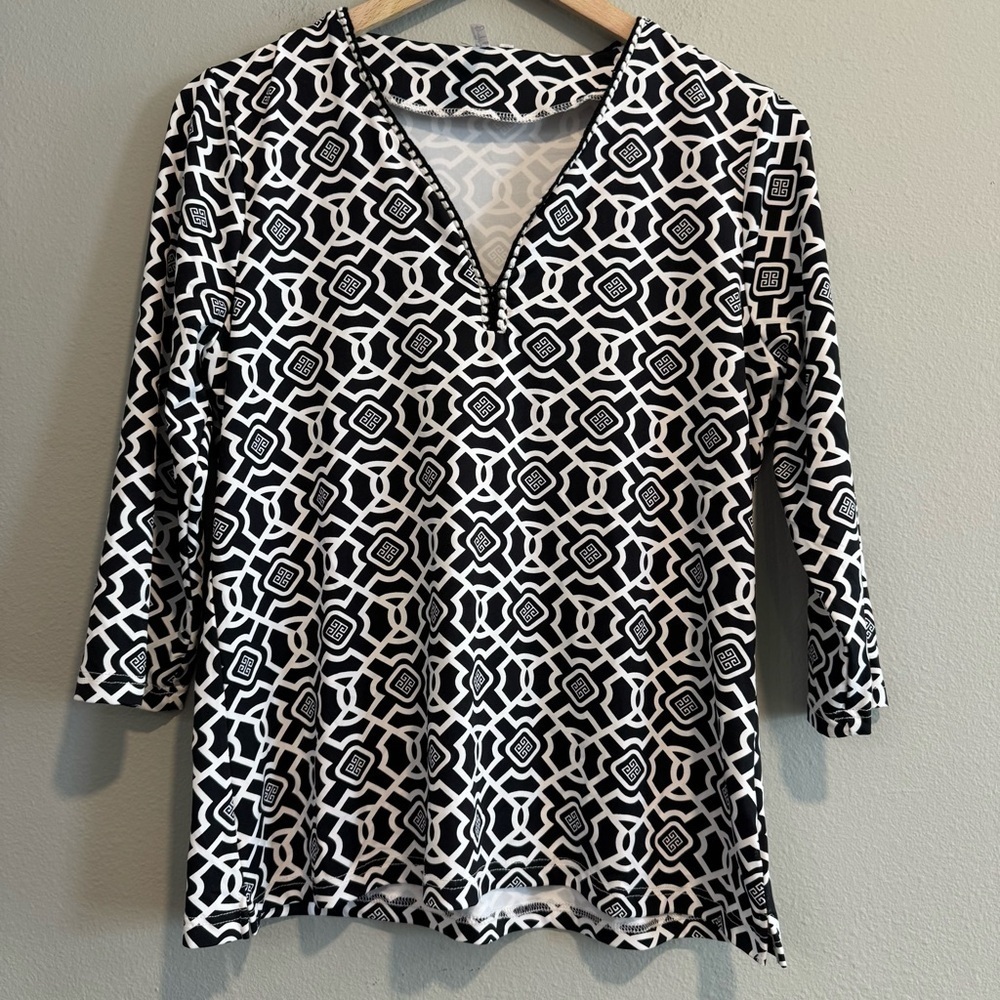 Lulu B Geometric Women's Top 3/4 Sleeves V Neck Beach Outdoor Small